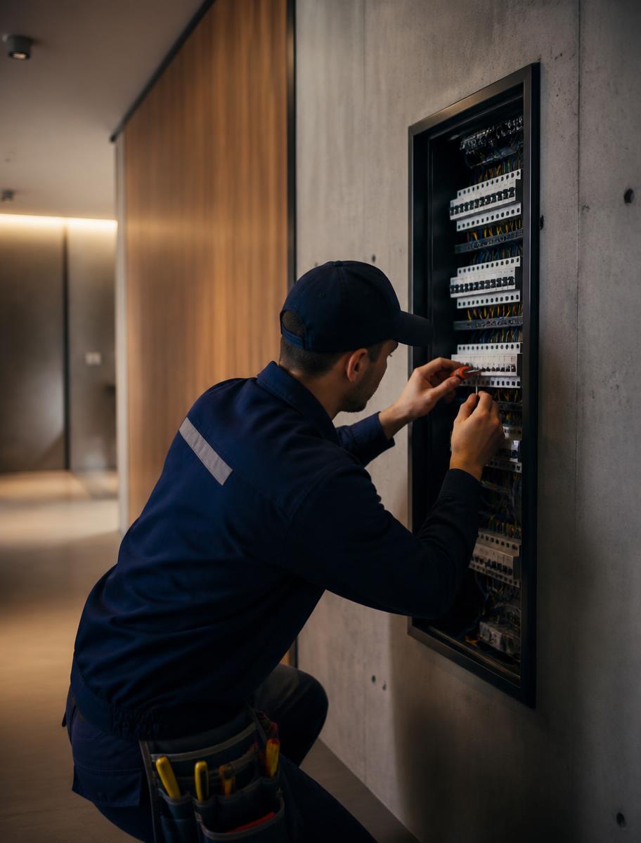 Técnico uniformizado da Zênite trabalhando em um quadro elétrico embutido em corredor residencial
