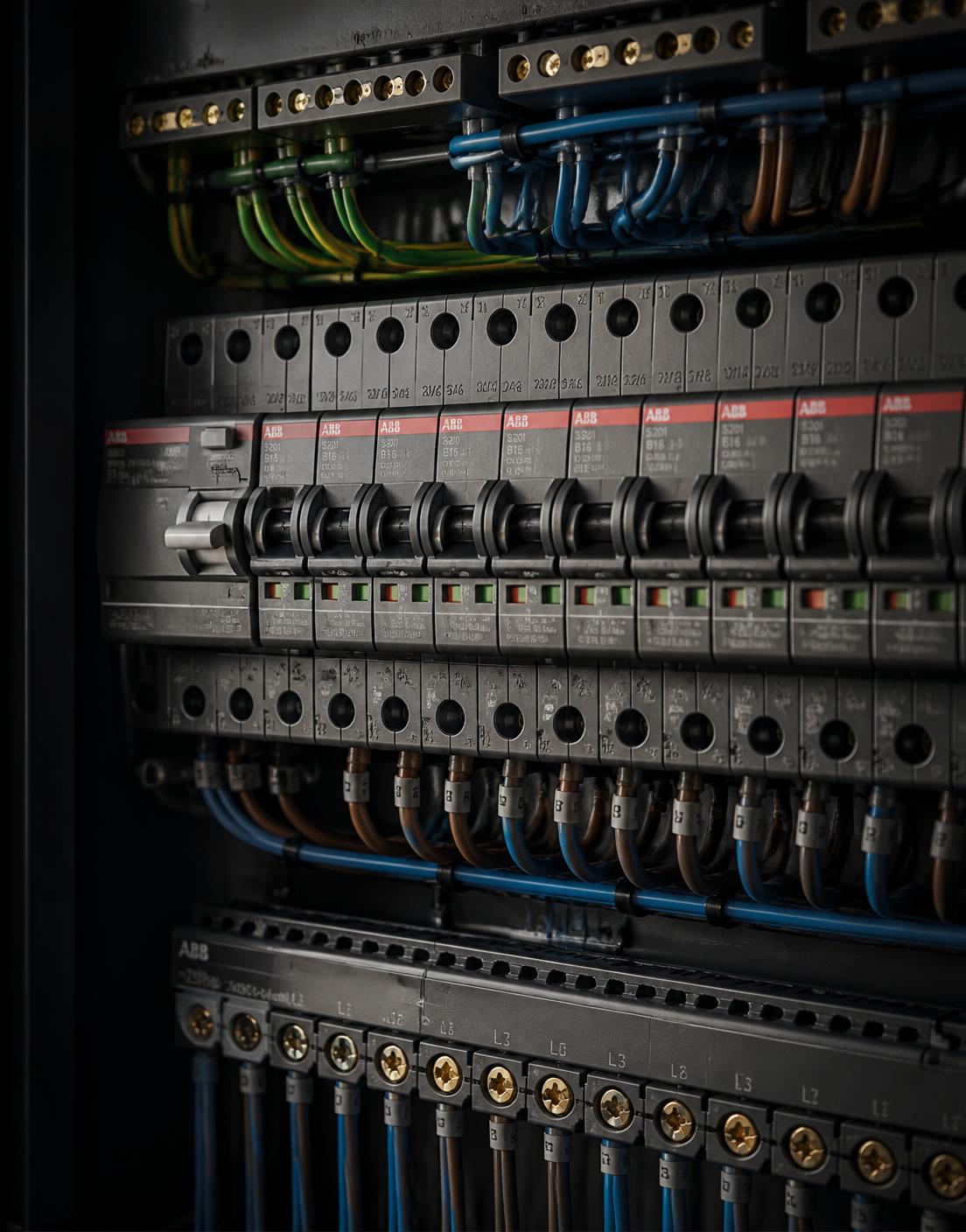 Quadro de distribuição elétrico com disjuntores e cabeamento organizados