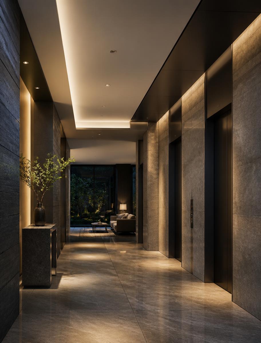 Hall de elevadores de condomínio moderno com iluminação indireta