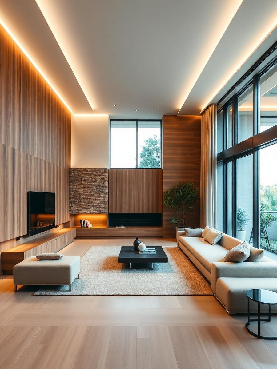 Sala de estar residencial contemporânea com iluminação embutida